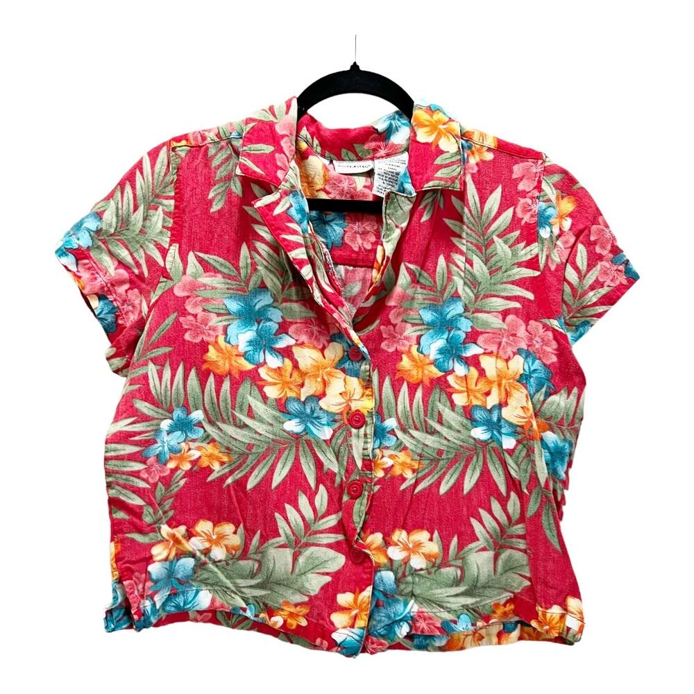 Vintage White Stag Hawaiian Red Floral Collared Crop Top Dad Shirt Size Medium